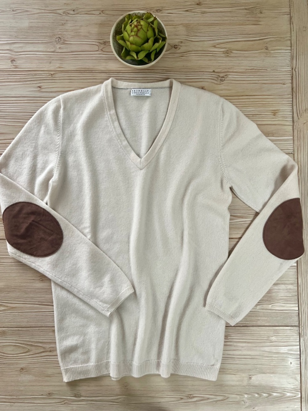Brunello Cucinelli Cashmere V-Neck Sweater Suede Elbow Patches L